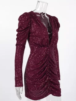 Club Dress Burgundy V-Neck Chains Long Sleeves Sexy Dress