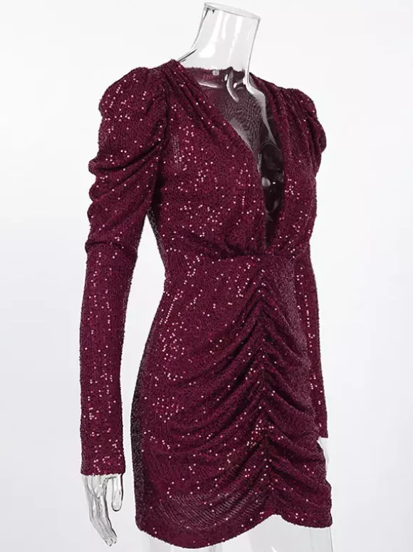 Club Dress Burgundy V-Neck Chains Long Sleeves Sexy Dress