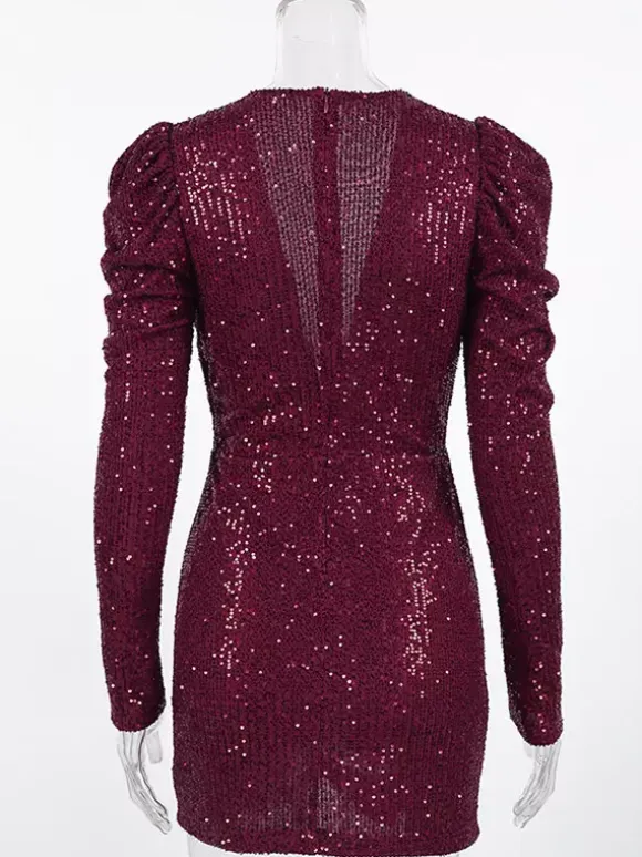 Club Dress Burgundy V-Neck Chains Long Sleeves Sexy Dress