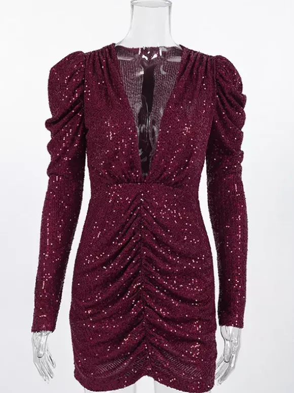 Club Dress Burgundy V-Neck Chains Long Sleeves Sexy Dress