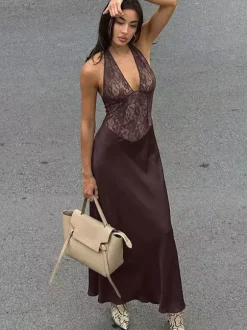 Club Dress Coffee Brown Halter Lace Sleeveless Sexy Dress