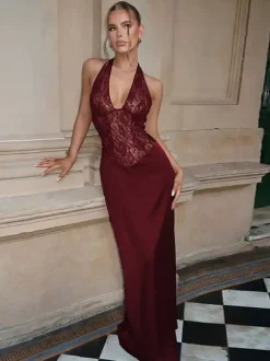 Club Dress Coffee Brown Halter Lace Sleeveless Sexy Dress
