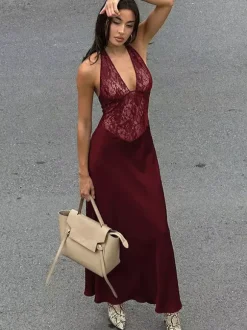 Club Dress Coffee Brown Halter Lace Sleeveless Sexy Dress