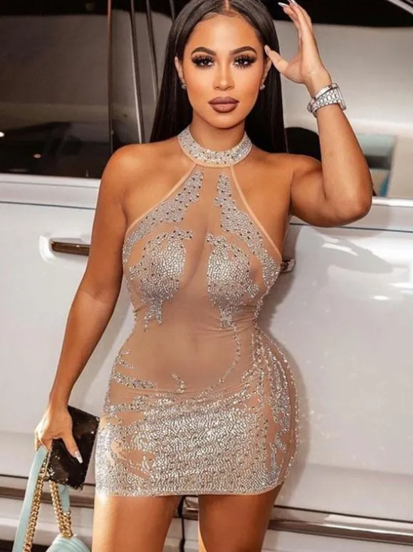 Club Dress For Women Apricot High Collar Sequins Sleeveless Tulle Sheer Sexy Dress