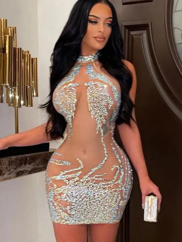Club Dress For Women Apricot High Collar Sequins Sleeveless Tulle Sheer Sexy Dress