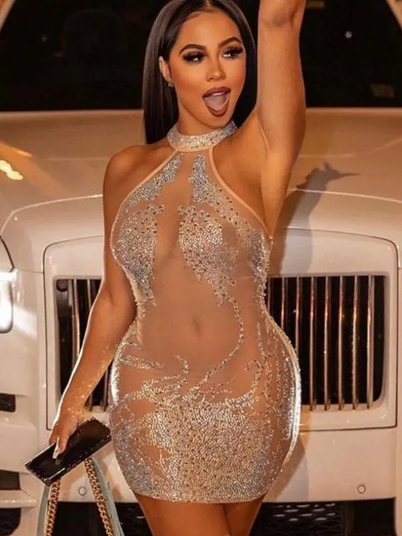 Club Dress For Women Apricot High Collar Sequins Sleeveless Tulle Sheer Sexy Dress