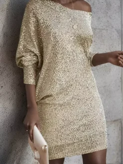 Club Dress For Women Asymmetrical Neck Sexy Sequins Long Sleeves White Sexy Dress