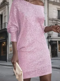 Club Dress For Women Asymmetrical Neck Sexy Sequins Long Sleeves White Sexy Dress