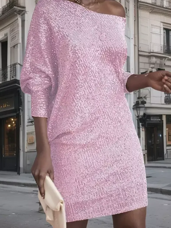 Club Dress For Women Asymmetrical Neck Sexy Sequins Long Sleeves White Sexy Dress