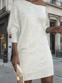 Club Dress For Women Asymmetrical Neck Sexy Sequins Long Sleeves White Sexy Dress