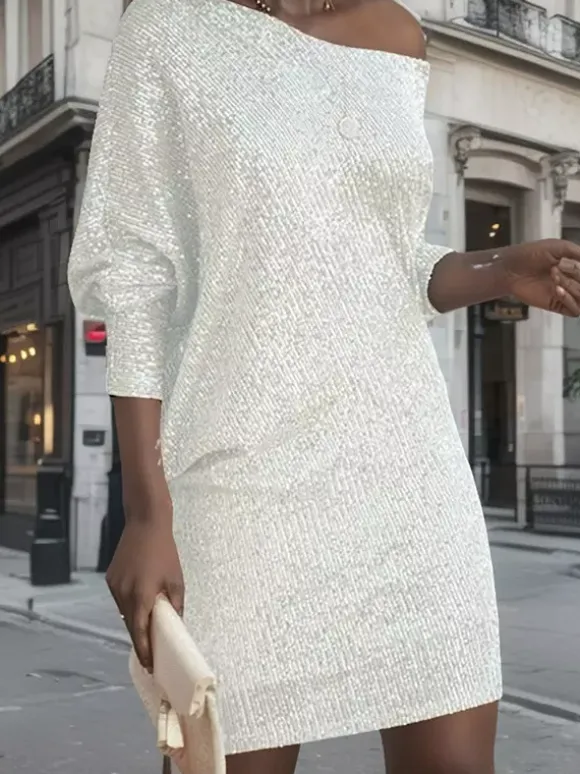 Club Dress For Women Asymmetrical Neck Sexy Sequins Long Sleeves White Sexy Dress