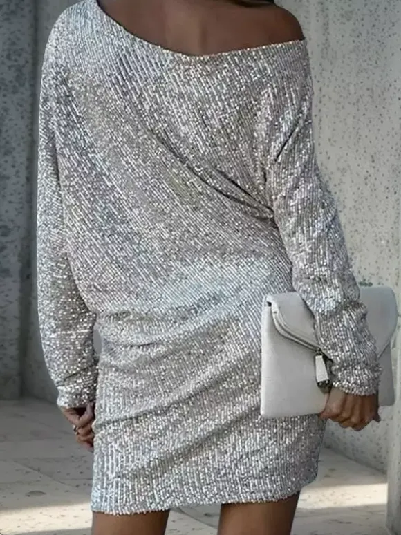 Club Dress For Women Asymmetrical Neck Sexy Sequins Long Sleeves White Sexy Dress