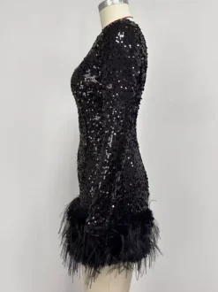 Club Dress For Women Black Asymmetrical Neck Sequins Long Sleeves Sexy Dress
