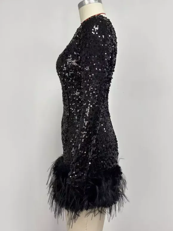 Club Dress For Women Black Asymmetrical Neck Sequins Long Sleeves Sexy Dress