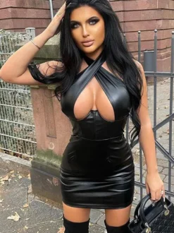 Club Dress For Women Black Halter Sleeveless PU Leather Open Shoulder Sexy Dress
