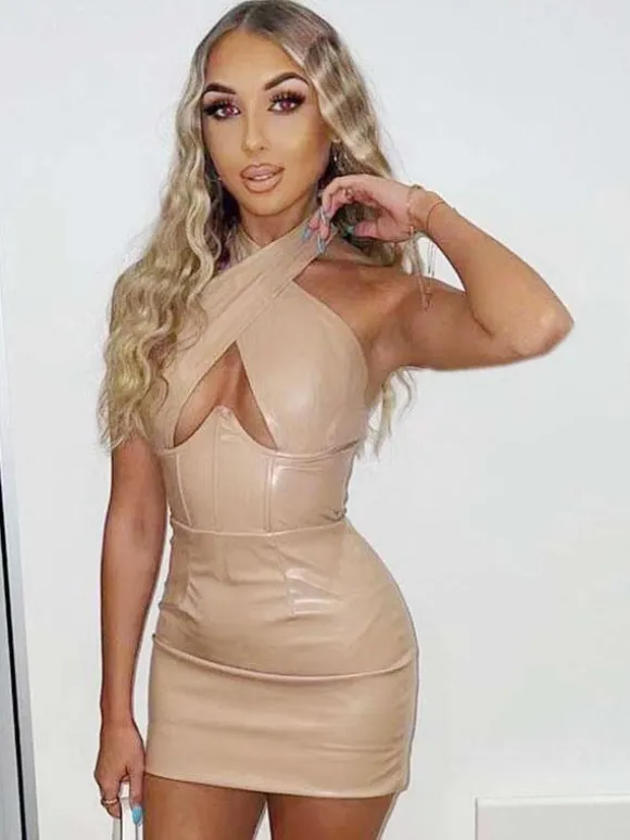 Club Dress For Women Black Halter Sleeveless PU Leather Open Shoulder Sexy Dress