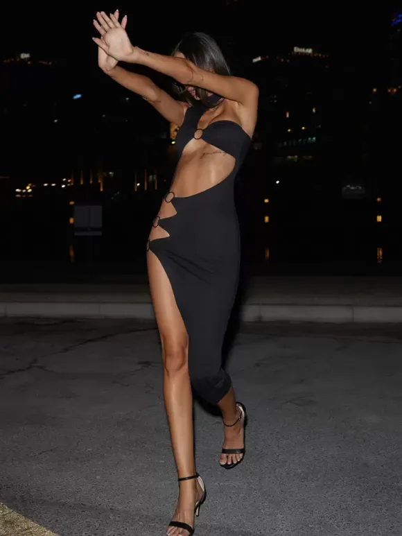 Club Dress For Women Black Jewel Neck Cut Out Sleeveless Polyester Sexy Dress