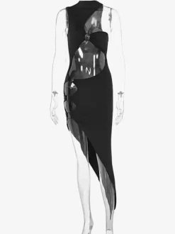Club Dress For Women Black Jewel Neck Cut Out Sleeveless Polyester Sexy Dress