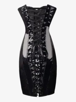 Club Dress For Women Black Strapless Lace Up Sleeveless PU Leather Sexy Dress