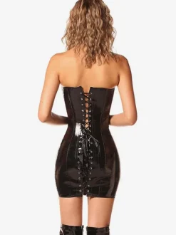 Club Dress For Women Black Strapless Lace Up Sleeveless PU Leather Sexy Dress