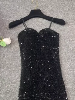 Club Dress For Women Black Straps Neck Sequins Sleeveless Polyester Sexy Dress