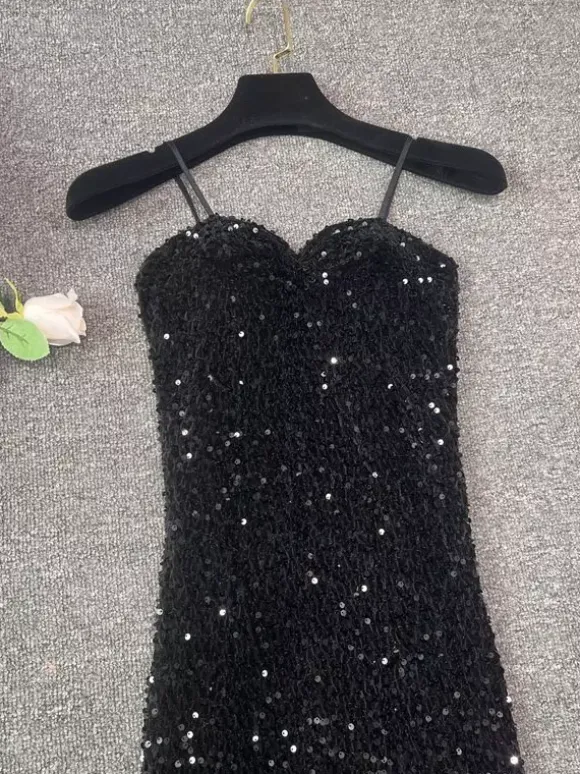 Club Dress For Women Black Straps Neck Sequins Sleeveless Polyester Sexy Dress