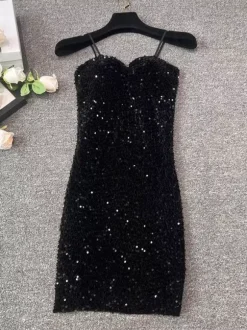 Club Dress For Women Black Straps Neck Sequins Sleeveless Polyester Sexy Dress