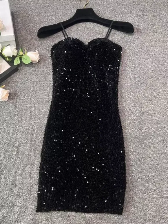 Club Dress For Women Black Straps Neck Sequins Sleeveless Polyester Sexy Dress