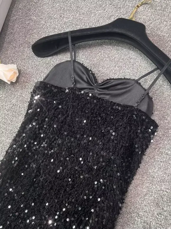 Club Dress For Women Black Straps Neck Sequins Sleeveless Polyester Sexy Dress