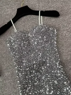Club Dress For Women Black Straps Neck Sequins Sleeveless Polyester Sexy Dress