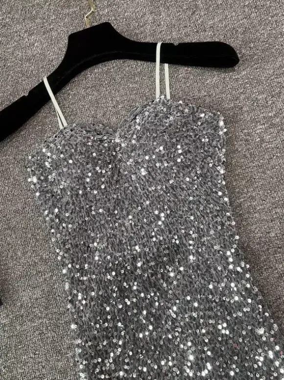 Club Dress For Women Black Straps Neck Sequins Sleeveless Polyester Sexy Dress