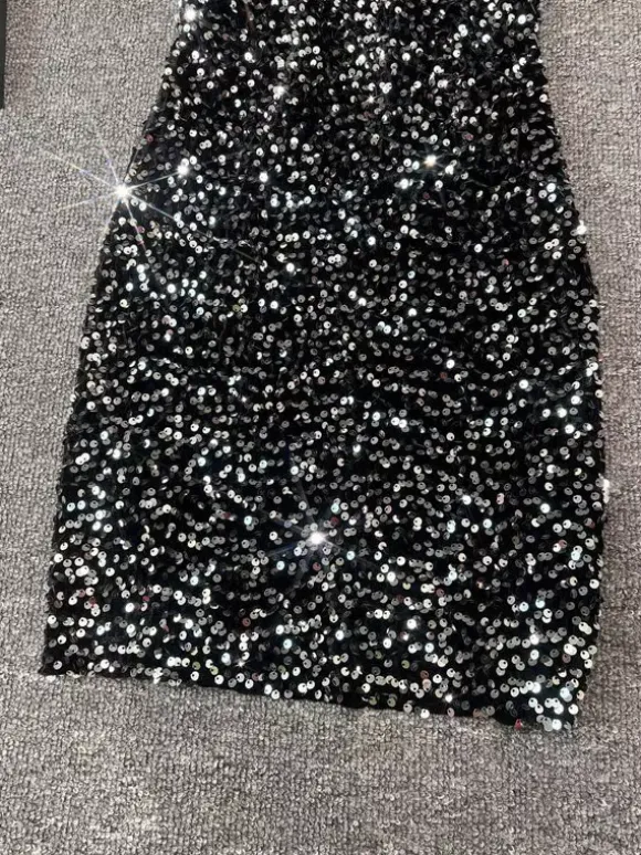 Club Dress For Women Black Straps Neck Sequins Sleeveless Polyester Sexy Dress