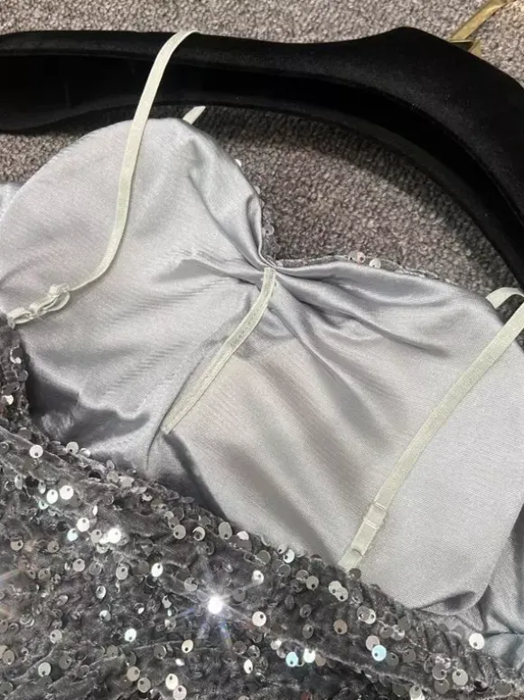 Club Dress For Women Black Straps Neck Sequins Sleeveless Polyester Sexy Dress