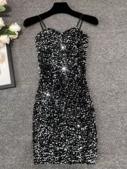 Club Dress For Women Black Straps Neck Sequins Sleeveless Polyester Sexy Dress