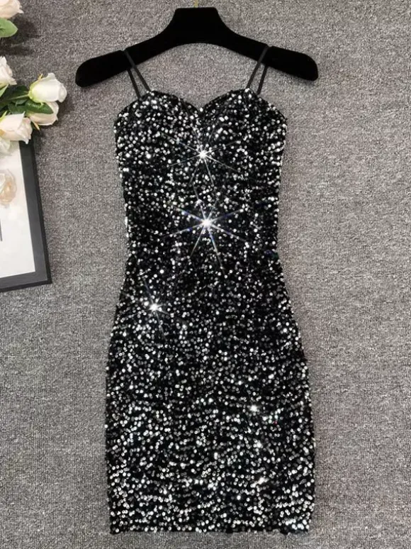 Club Dress For Women Black Straps Neck Sequins Sleeveless Polyester Sexy Dress