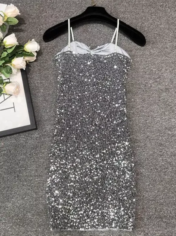 Club Dress For Women Black Straps Neck Sequins Sleeveless Polyester Sexy Dress