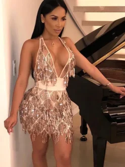 Club Dress For Women Black V-Neck Fringe Sleeveless Sexy Dress