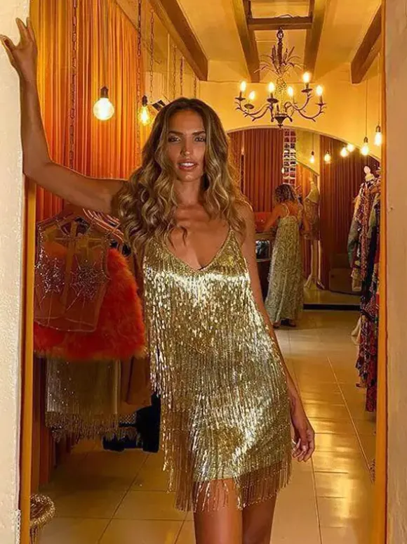 Club Dress For Women Gold V-Neck Fringe Sleeveless Backless Sexy Dress