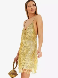 Club Dress For Women Gold V-Neck Fringe Sleeveless Backless Sexy Dress