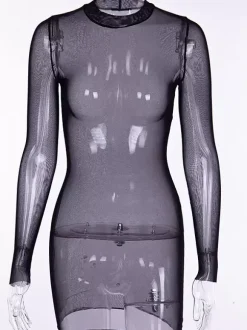 Club Dress For Women High Collar Casual Long Sleeves Tulle Sheer Black Sexy Dress