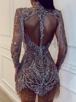 Club Dress For Women High Collar Chic Sequins Long Sleeves Backless Silver Sexy Dress