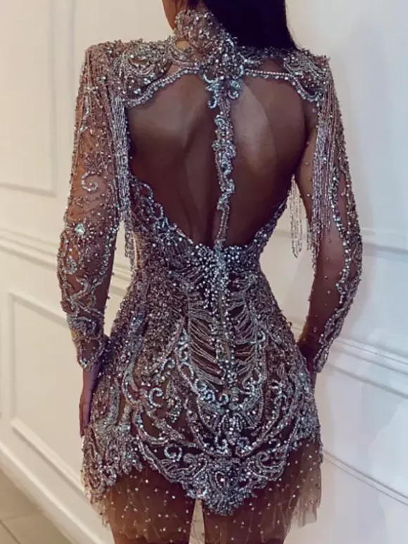 Club Dress For Women High Collar Chic Sequins Long Sleeves Backless Silver Sexy Dress