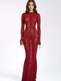 Club Dress For Women Jewel Neck Sexy Long Sleeves Burgundy Sexy Dress