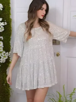 Club Dress For Women Rose Jewel Neck Sequins Half Sleeves Sexy Dress