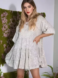 Club Dress For Women Rose Jewel Neck Sequins Half Sleeves Sexy Dress