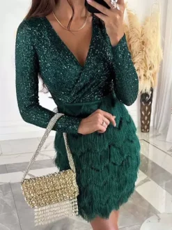 Club Dress For Women Rose V-Neck Sequins Long Sleeves Polyester Clothes Sexy Dress