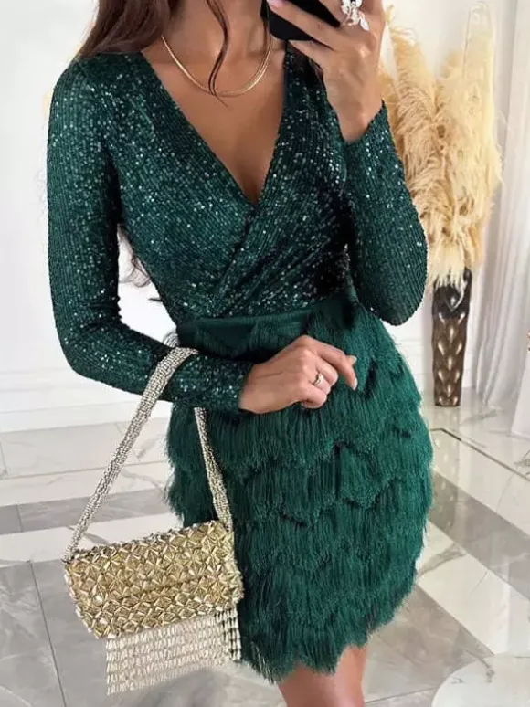 Club Dress For Women Rose V-Neck Sequins Long Sleeves Polyester Clothes Sexy Dress