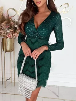 Club Dress For Women Rose V-Neck Sequins Long Sleeves Polyester Clothes Sexy Dress