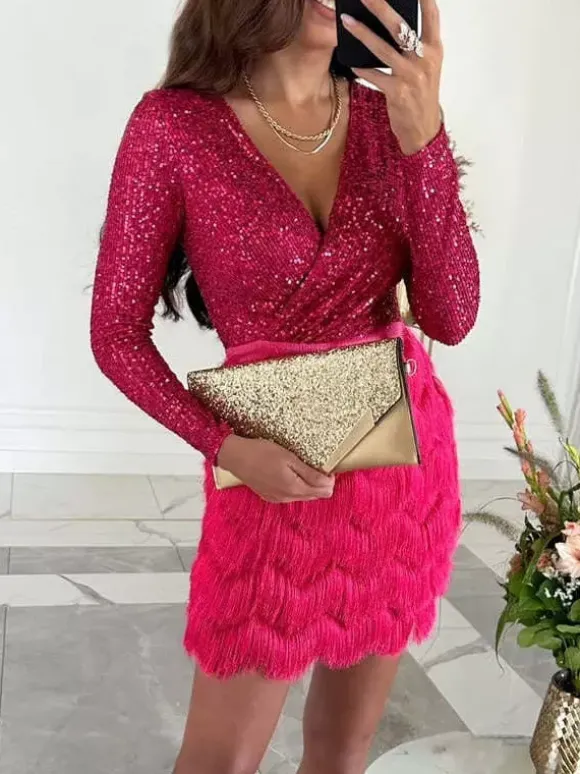 Club Dress For Women Rose V-Neck Sequins Long Sleeves Polyester Clothes Sexy Dress