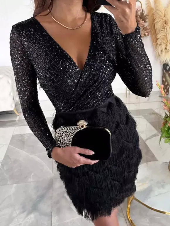 Club Dress For Women Rose V-Neck Sequins Long Sleeves Polyester Clothes Sexy Dress
